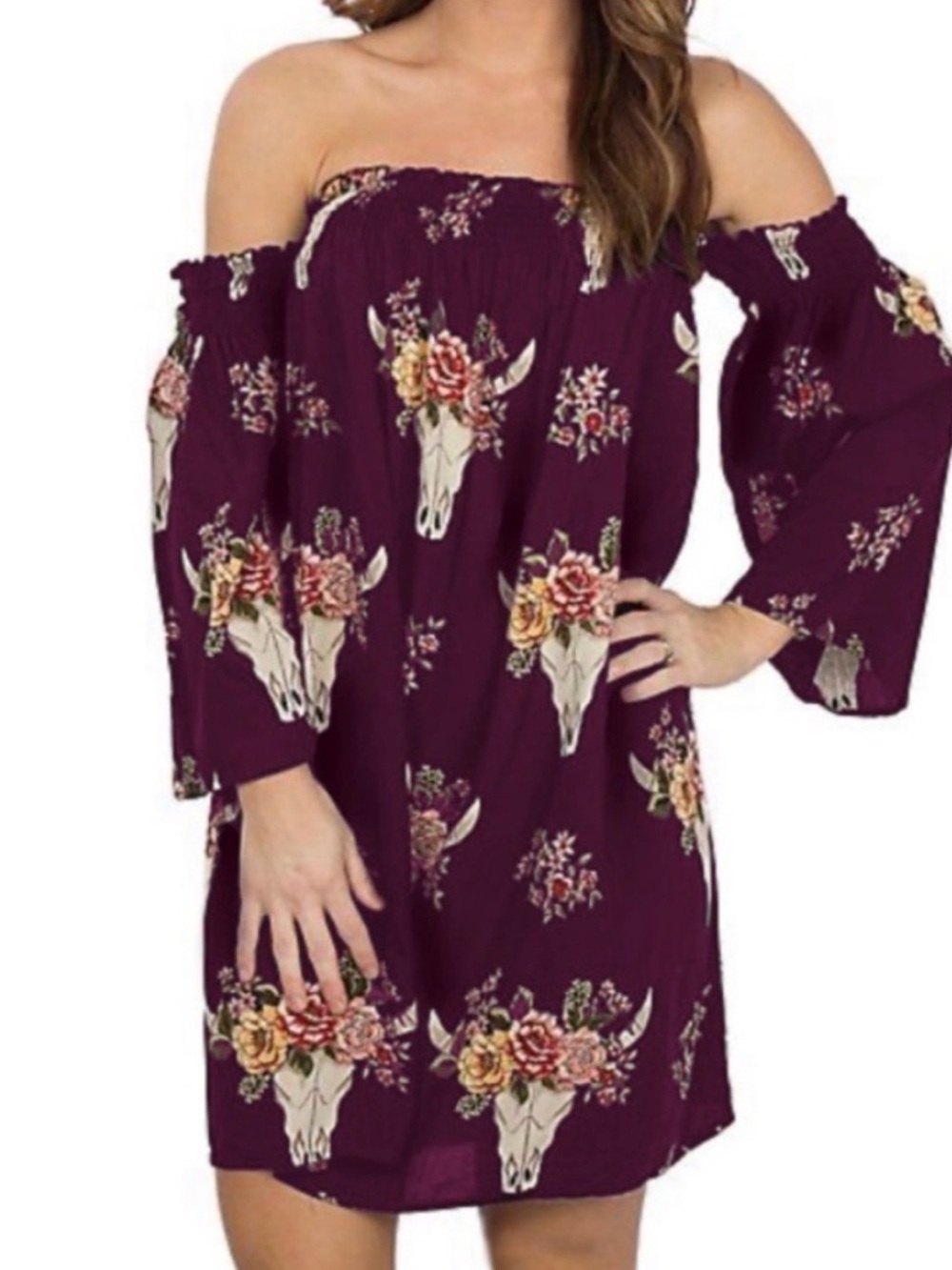 Angie Burgundy Boho Skull Floral Dress